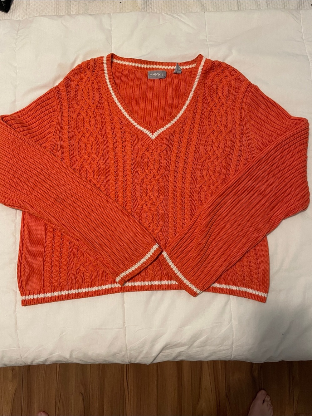 Esprit Bright Orange V-Neck Cable Knit Sweater with White Trim